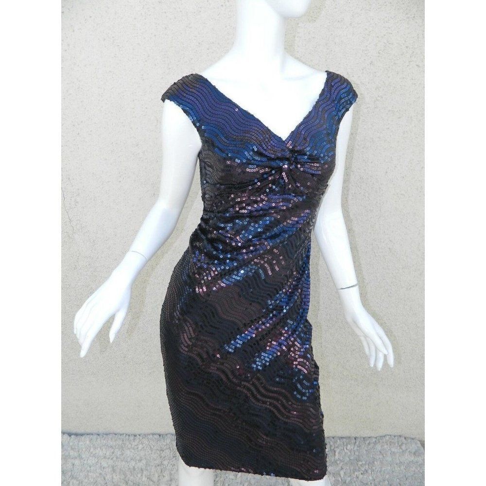 DAVID MEISTER  Dress Navy Blue Purple Iridescent  Sequins ‎ Beaded Sheath Size 2